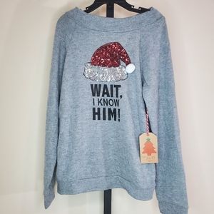 Poof Girl Grey Christmas Sweater Sequin Santa Small, Medium